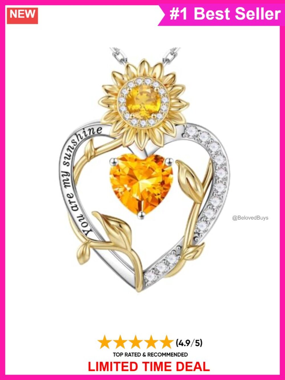 Sunflower Pendant Necklace 925 Sterling Silver Heart Citrine AAAAA+ CZ